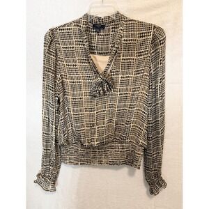 Haver London XL Houndstooth Tie Neck Smocked Hem Blouse Black Cream Long Sleeve